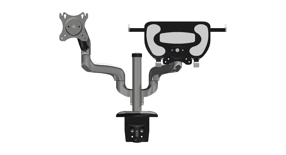 Dual Fully Adjustable Gas-Assisted Desk Mounts for 1 LCD Screen up to 27 inches and 1 Laptop Holder